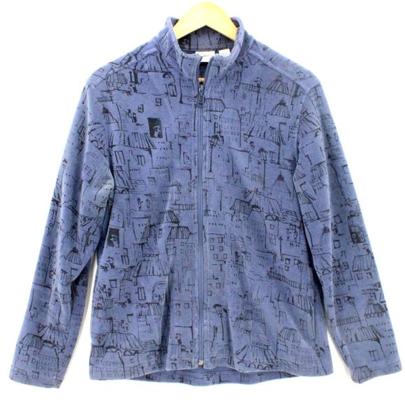 Vintage Spa by Chico's Fleece Jacket Women's Casual Blue All Over Print Size 1" - Picture 1 of 10
